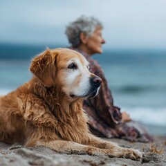 Golden retriever resting beside elderly woman on beach, offering emotional support and calm presence