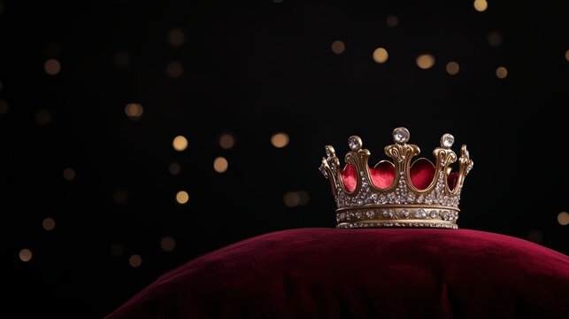 A luxurious golden crown with precious stones rests on a red velvet cushion against a black background with gold confetti. Space for text copy.