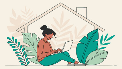 Obraz premium Woman Working on Laptop at Home Illustration.