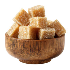 Brown Sugar Cubes in Wooden Bowl isolated on transparent background