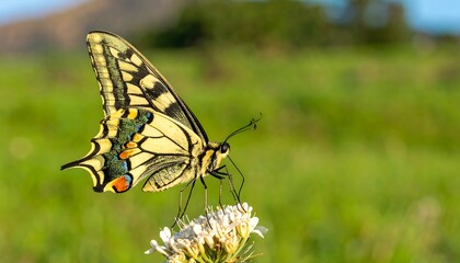 Obraz premium A striking swallowtail butterfly rests gracefully on a cluster of small white flowers, its intricate patterns and vibrant colors beautifully displayed against a blurred backdrop of lush green...