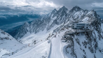 Naklejka premium Mountains covered in snow have a ski resort beneath them, all beneath a dramatic, cloudy sky, embodying the idea of scenic winter holiday spots.