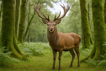 Fototapeta premium Majestic Red Deer Stag Portrait in Lush Green Forest Setting, Wildlife Photography