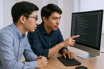 Two Focused Asian Programmers Collaborating on Code Development, Reviewing Lines of Code on a Large Monitor