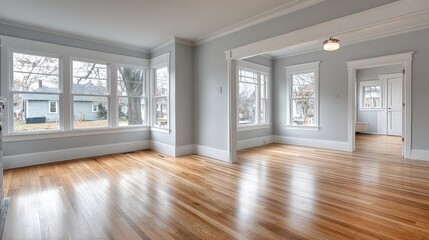 Fototapeta premium Bright Open Concept Living Room with Hardwood Floors and Natural Light from Large Windows