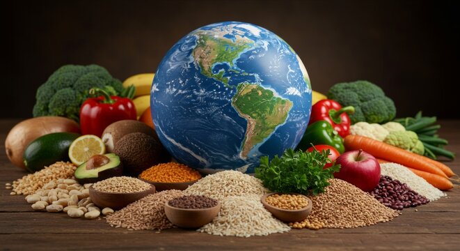Earth globe surrounded by various fresh foods, sustainable eating concept, World Food Day poster