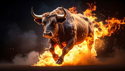 Fiery Bull Charging with Dark Background.