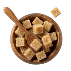 Brown Sugar Cubes in Wooden Bowl isolated on transparent background