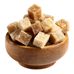 Brown Sugar Cubes in Wooden Bowl A CloseUp View isolated on transparent background