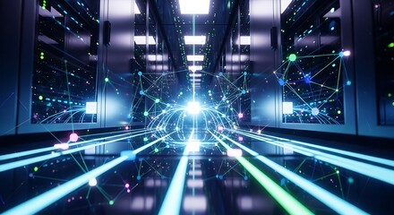 Futuristic Server Room with Glowing Data Lines and Interconnected Nodes: High-Speed Digital Network, Big Data Processing, and Information Technolog...