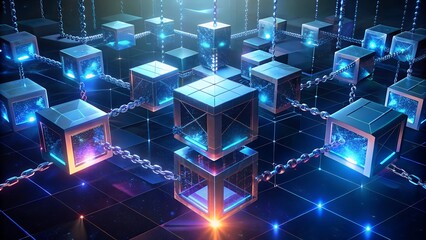 Obraz premium Futuristic abstract technology design with glowing blue and green fiber optics lines and squares, creating a digital texture pattern for web backgrounds