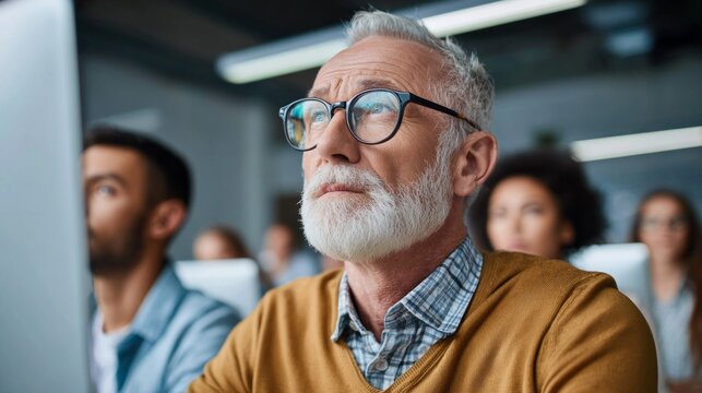 Senior man engaged in a computer technology class with younger students in a modern learning environment