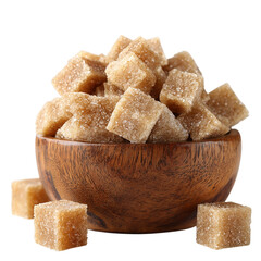 Brown Sugar Cubes in a Wooden Bowl isolated on transparent background