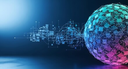 Futuristic Digital Data Sphere with Interconnected Network Lines on a Dark Blue Background, Representing Global Technology and Big Data Concepts