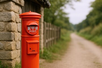 Vibrant Red Japanese Postbox Beside a Stone Wall with Rural Path Leading into the Distance
