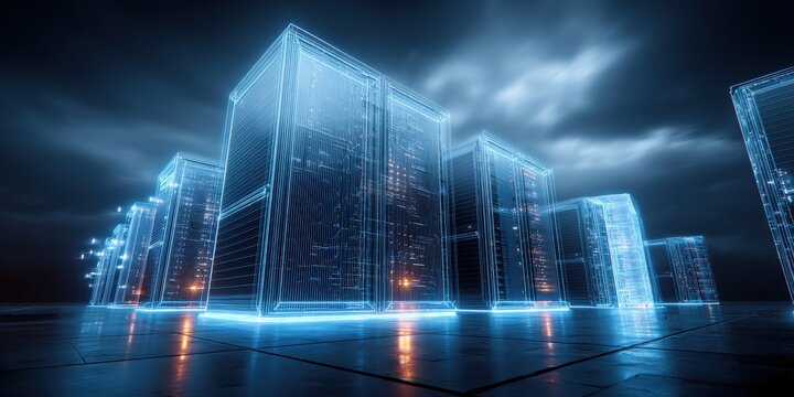 Digital Data Servers Arrayed in a Glowing Blue Wireframe Grid in a Futuristic Data Center