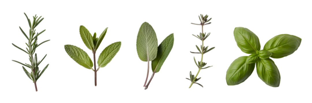 A vibrant collection of five fresh culinary herbs, including rosemary, mint, sage, thyme, and basil, is isolated on a transparent background.