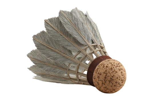 Isolated shuttlecock with feathers and a cork base, against a black background