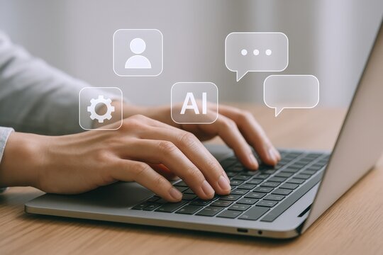 Hands Typing on Laptop Keyboard with AI Chatbot Interface Overlay for Business Communication - Powered by Adobe