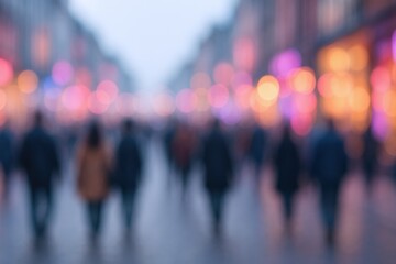 Blurred city street scene with people walking in soft focus creating a bokeh effect