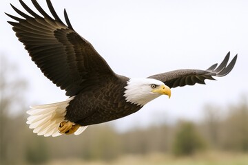 Obraz premium Majestic Bald Eagle Soaring Through the Sky with Wings Spread, Symbolizing Freedom and American Wildlife