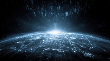 Digital Data Stream Flowing Over Earth: Global Network Technology Concept with Futuristic Data Visualization