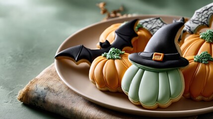 Fototapeta premium Festive Halloween Cookies: Decorated Pumpkin, Bat, and Witch Hat Biscuits on a Plate for Spooky Celebrations