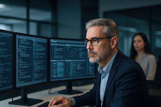 Experienced Software Developer Analyzing Code on Multiple Monitors in a Modern Office Setting