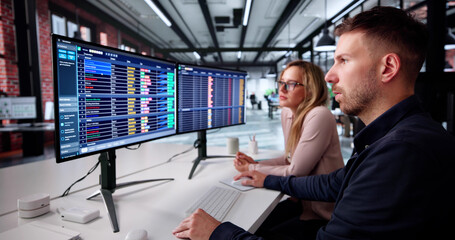 Man And Woman Study Spreadsheets On Computer