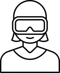Simple outline illustration of a person wearing goggles and a helmet, isolated on transparent background