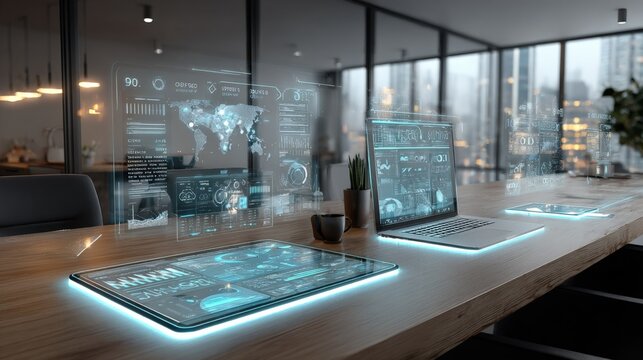Futuristic Workspace with Holographic Displays: Advanced Technology and Modern Office Environment for Business Professionals