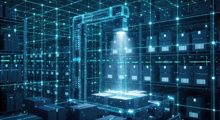 Futuristic Digital Warehouse with Automated Robotic Storage and High Tech Infrastructure