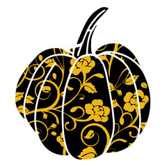 Decorative black pumpkin with elegant orange botanical ornament. Flat vector design for autumn harvest, Thanksgiving, Halloween, and seasonal projects.