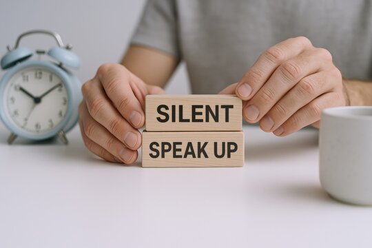 Conceptual image conveying the theme of breaking silence with wooden blocks on a white desk