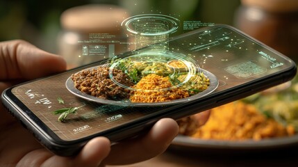Augmented Reality Food App Displaying Nutritional Information on a Smartphone Screen, Modern Technology