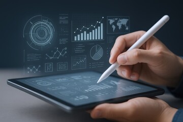 Digital Data Analysis: Person Analyzing Business Growth, Financial Data, and Market Trends on a Tablet