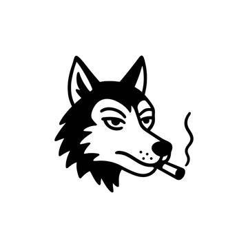 Stylized monochrome wolf head illustration with a cigarette in a bold cartoon style. Perfect for stickers, posters, apparel prints, tattoo inspired designs, mascots, logos and creative graphic project