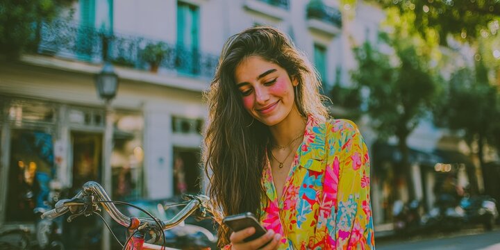 Smiling woman using her smartphone outdoors, wearing colorful floral shirt, with a bike in the foreground.