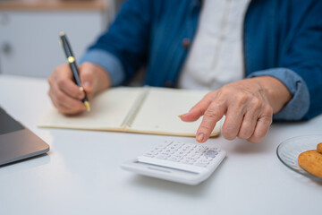 Fototapeta premium An elderly woman is calculating household income and expenses, working on a laptop.