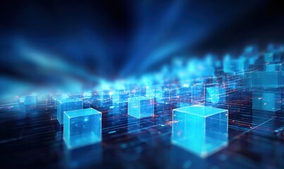 Abstract Digital Cityscape with Blue Cubes Representing Data Flow and Technological Advancement