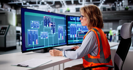 Woman Overseeing Factory Operations Using Advanced Computer Technology