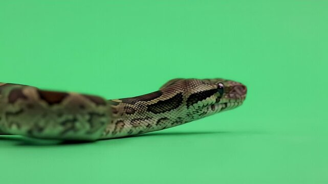 Detailed snake head with intricate patterns against a vibrant green background, showcasing reptile scales and textures.