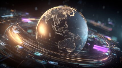 Digital Earth Globe with Abstract Futuristic HUD Elements Displaying Global Connectivity and Data Flow