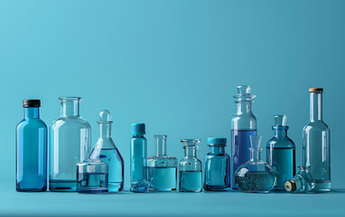 Diverse collection of crystal bottles and flasks arranged on a bright blue surface in a modern laboratory environment
