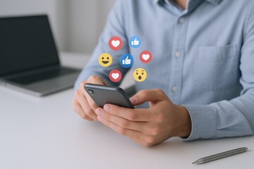 Man using Mobile Phone Receiving Reactions. Social Media Engagement and Connection in Digital Marketing