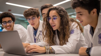 Excited medical students collaborating on laptop during class in modern laboratory at university