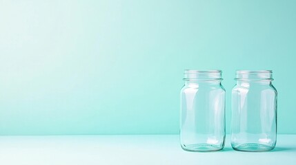 Two Empty Clear Glass Mason Jars on Light Aqua Blue Tabletop Against Matching Background in a Minimalist Geometric Still Life Composition