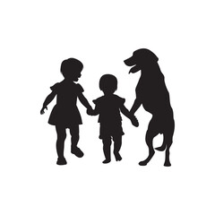 Children and dog trio silhouette. Two children walking with a dog family friendly silhouette.