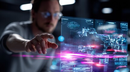 Engineer Interacting with Advanced Holographic Interface Displaying Complex Robotic Design and Data Analysis in Futuristic Laboratory