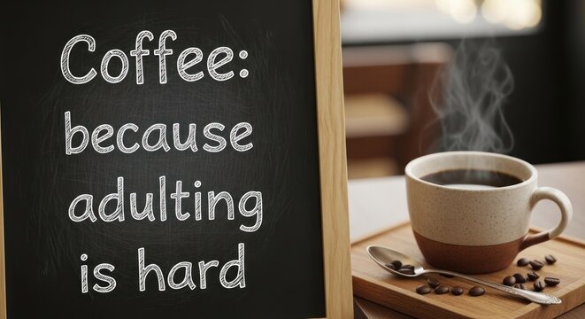 Steaming coffee cup next to a chalkboard with a funny quote about adulting being hard.